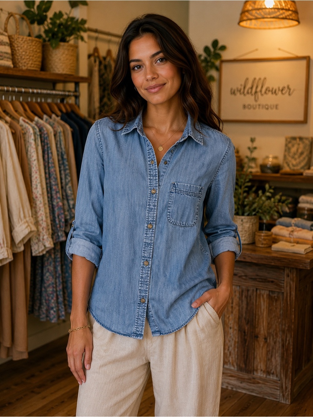 American Eagle Outfitters Light Blue Denim Button-Down Shirt EUC Size M